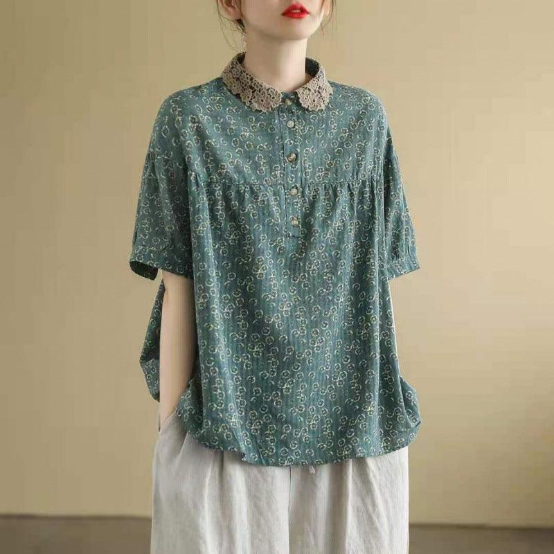 Artistic Retro Cotton And Linen Floral Short-sleeved T-shirt For Women - Nioor