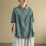 Artistic Retro Cotton And Linen Floral Short-sleeved T-shirt For Women - Nioor