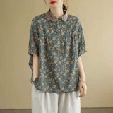 Artistic Retro Cotton And Linen Floral Short-sleeved T-shirt For Women - Nioor