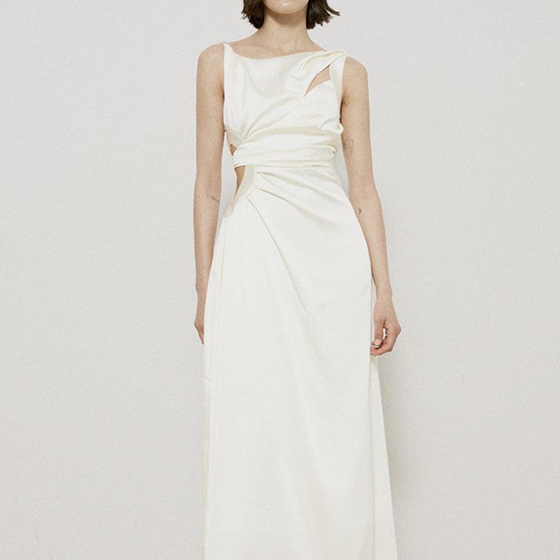 Asymmetric Stitching White High-waist High-grade Niche Temperament Strap Dress - Nioor