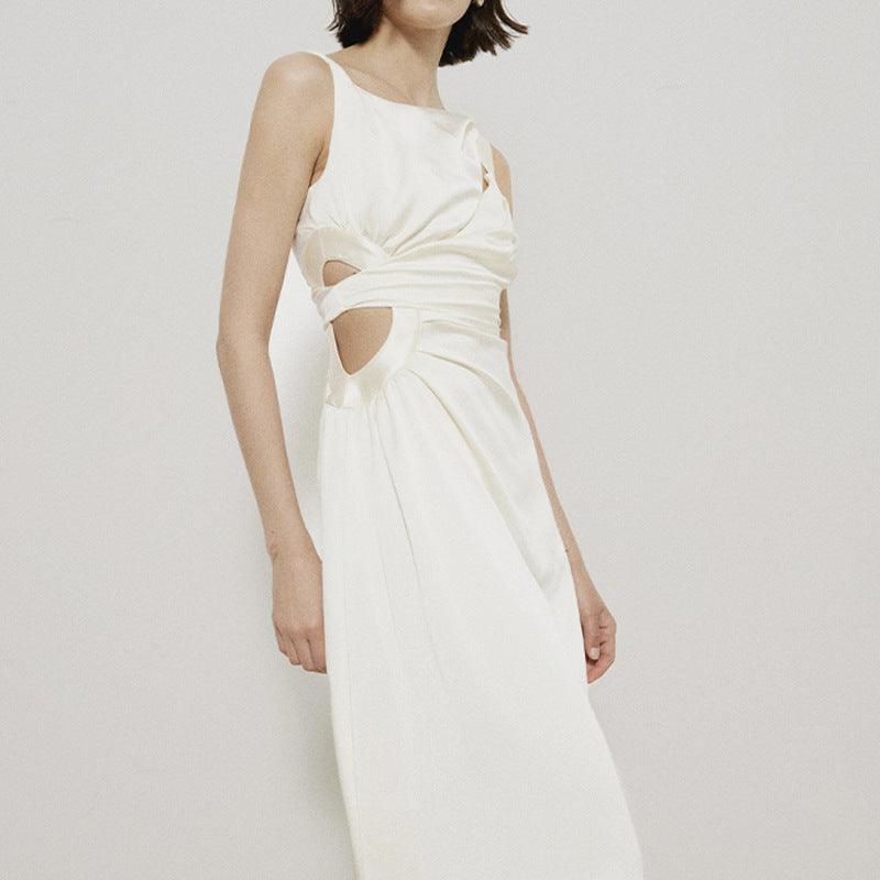 Asymmetric Stitching White High-waist High-grade Niche Temperament Strap Dress - Nioor