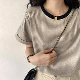 Autumn And Winter Brown Pullover Base Short Sleeve Turtleneck Round Neck Temperament Commute Striped Loose Cotton Base Shirt - Nioor