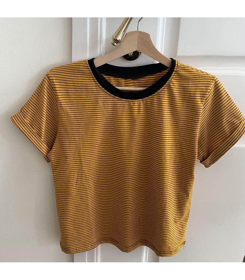 Autumn And Winter Brown Pullover Base Short Sleeve Turtleneck Round Neck Temperament Commute Striped Loose Cotton Base Shirt - Nioor