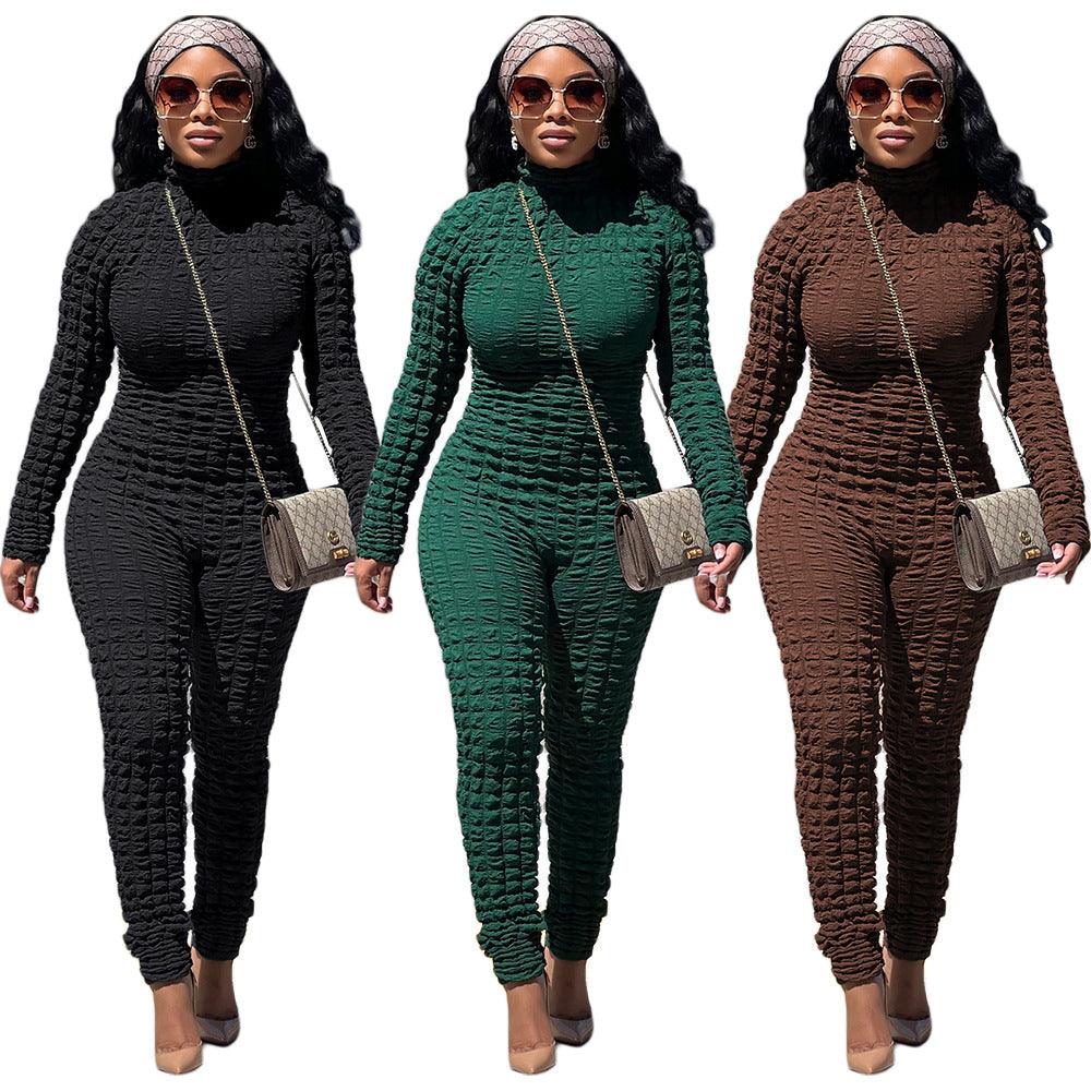 Autumn And Winter Casual Bubble Cloth Printed Round Neck Slim Jumpsuit Female - Nioor