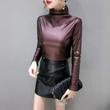 Autumn And Winter Fleece-lined Thick Leather Coat Turtleneck Bottoming Shirt For Women - Nioor