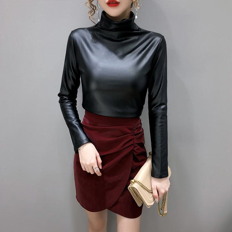 Autumn And Winter Fleece-lined Thick Leather Coat Turtleneck Bottoming Shirt For Women - Nioor