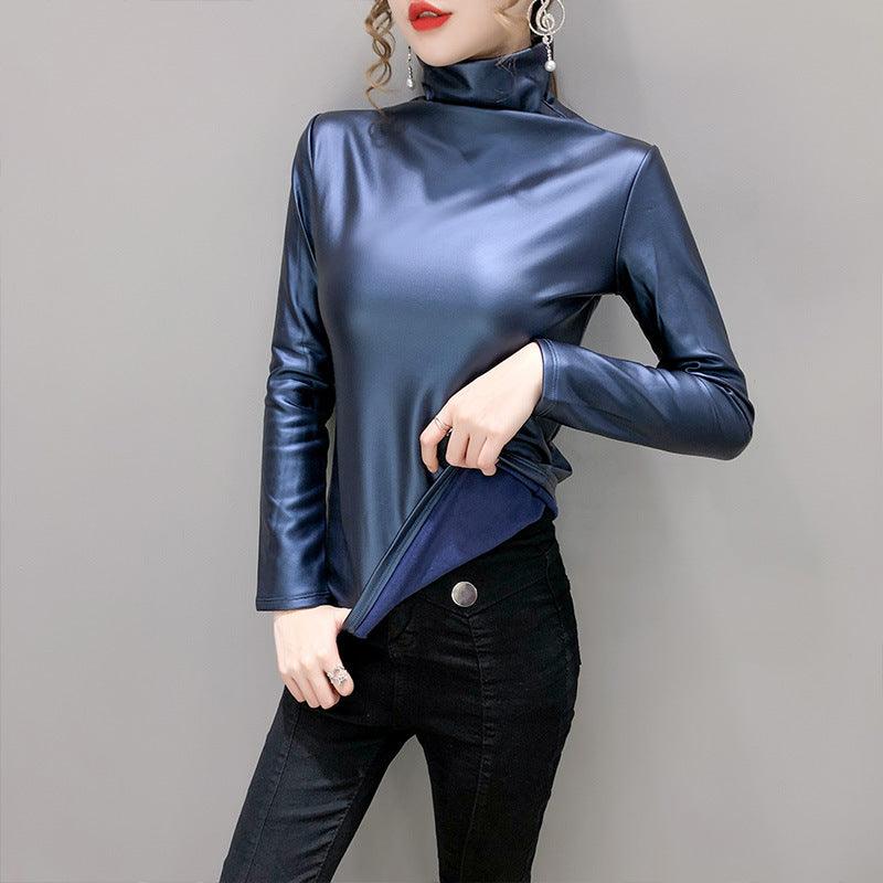 Autumn And Winter Fleece-lined Thick Leather Coat Turtleneck Bottoming Shirt For Women - Nioor