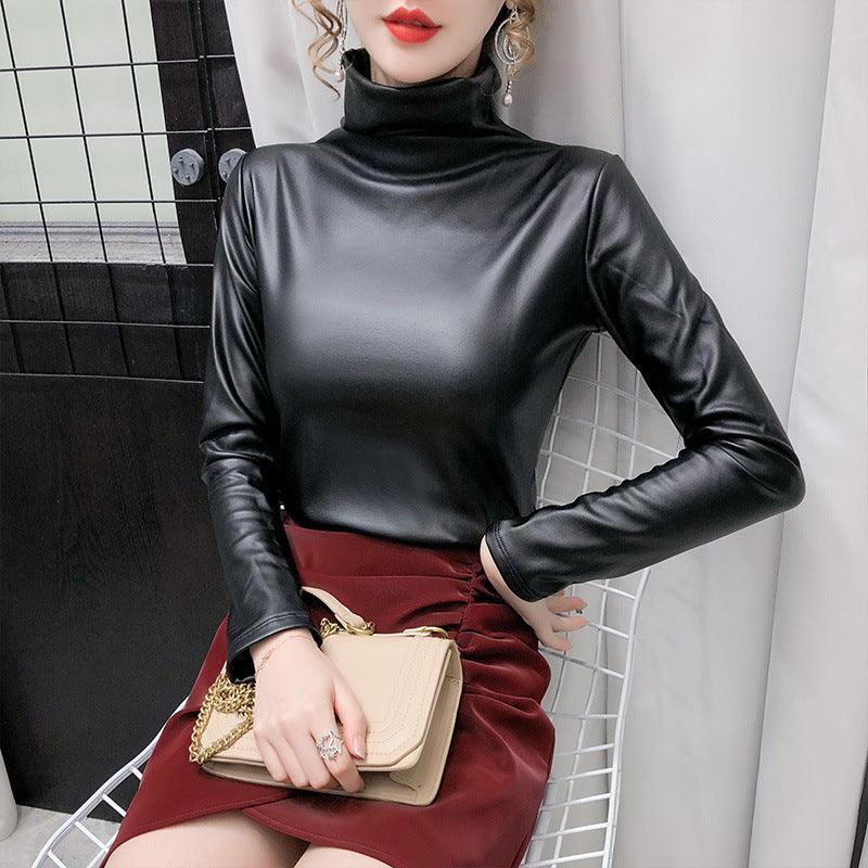 Autumn And Winter Fleece-lined Thick Leather Coat Turtleneck Bottoming Shirt For Women - Nioor