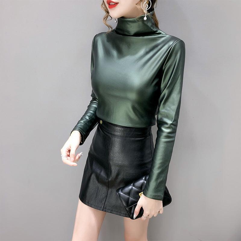 Autumn And Winter Fleece-lined Thick Leather Coat Turtleneck Bottoming Shirt For Women - Nioor