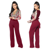 Autumn And Winter Hot-selling Women's Casual Ladies Water-soluble Lace V-neck Long-sleeved Wide-leg Jumpsuit - Nioor