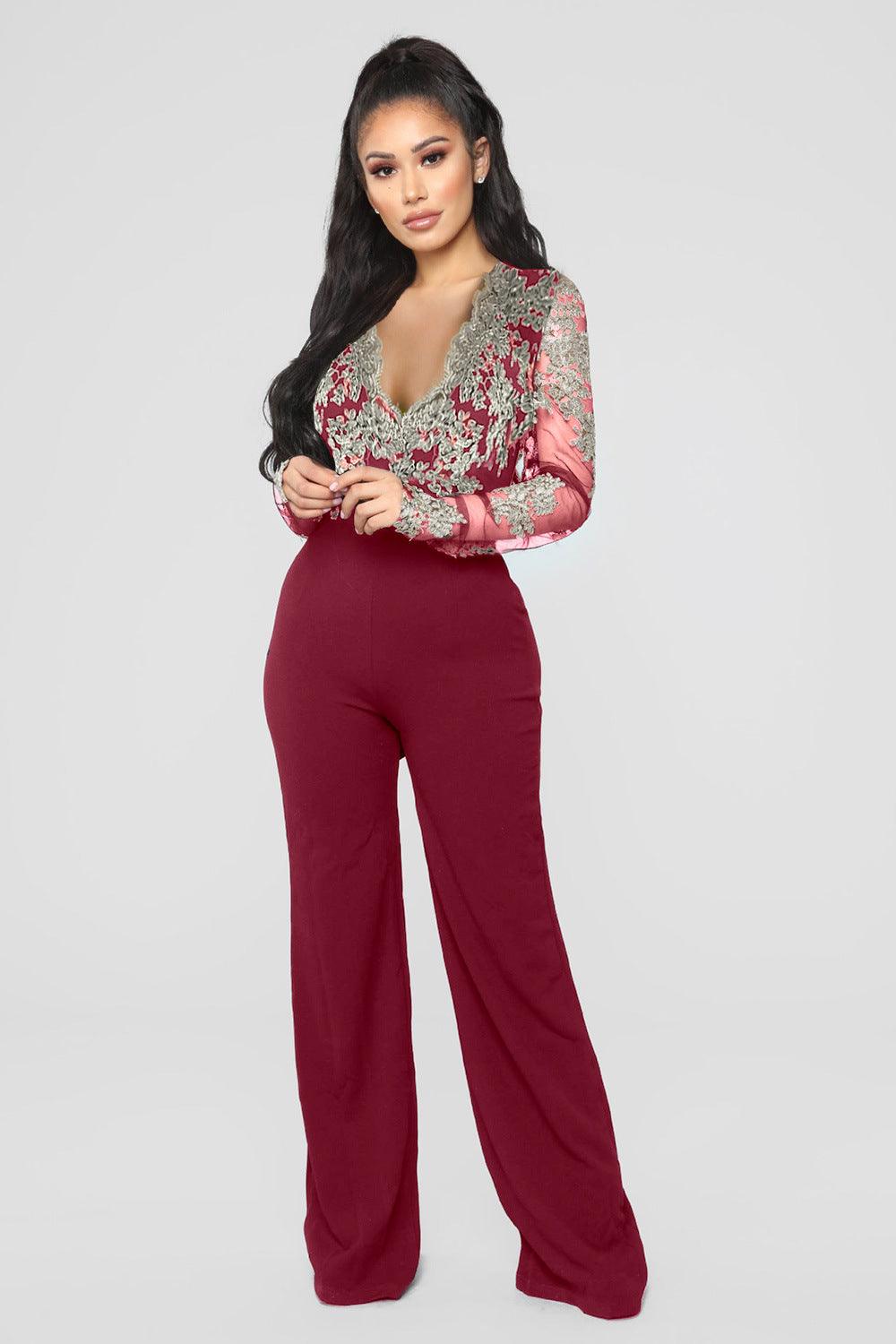 Autumn And Winter Hot-selling Women's Casual Ladies Water-soluble Lace V-neck Long-sleeved Wide-leg Jumpsuit - Nioor