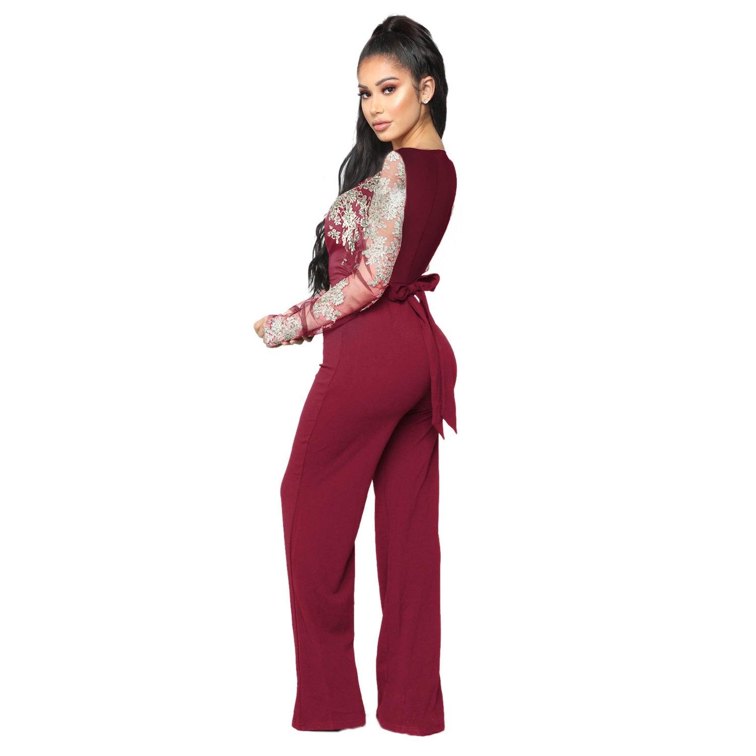 Autumn And Winter Hot-selling Women's Casual Ladies Water-soluble Lace V-neck Long-sleeved Wide-leg Jumpsuit - Nioor