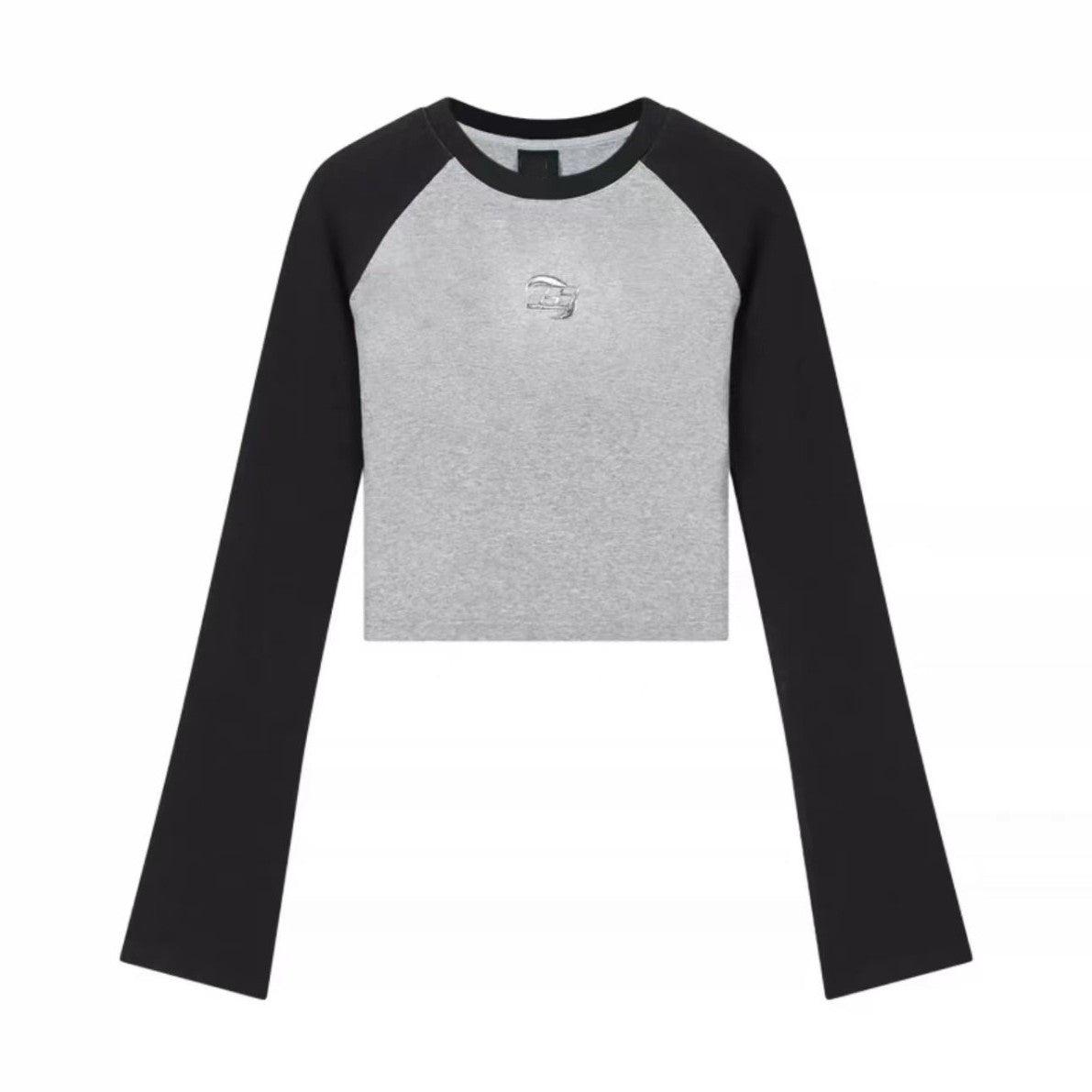 Autumn And Winter Korean Style Sense Of Design Raglan Sleeve Black And Gray Contrast Color Long Sleeves Women - Nioor