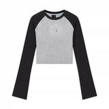 Autumn And Winter Korean Style Sense Of Design Raglan Sleeve Black And Gray Contrast Color Long Sleeves Women - Nioor