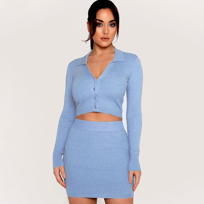 Autumn And Winter Leisure Fashion V-neck Slim-fit Long Sleeve Miniskirt Two-piece Set Women's Knitted Suit - Nioor