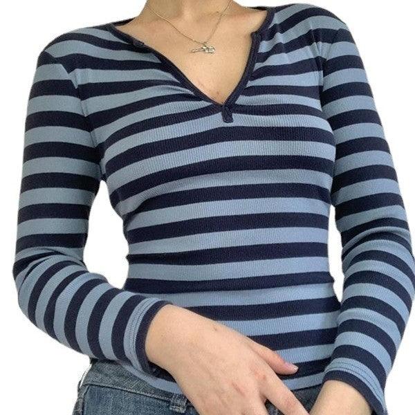 Autumn And Winter New Striped Pullover Long-sleeved Tops - Nioor