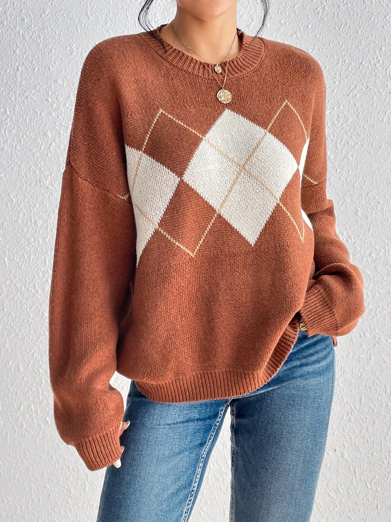 Autumn And Winter Simplicity Color Contrast Patchwork Diamond Lattice Pullover Knitted Sweater - Nioor