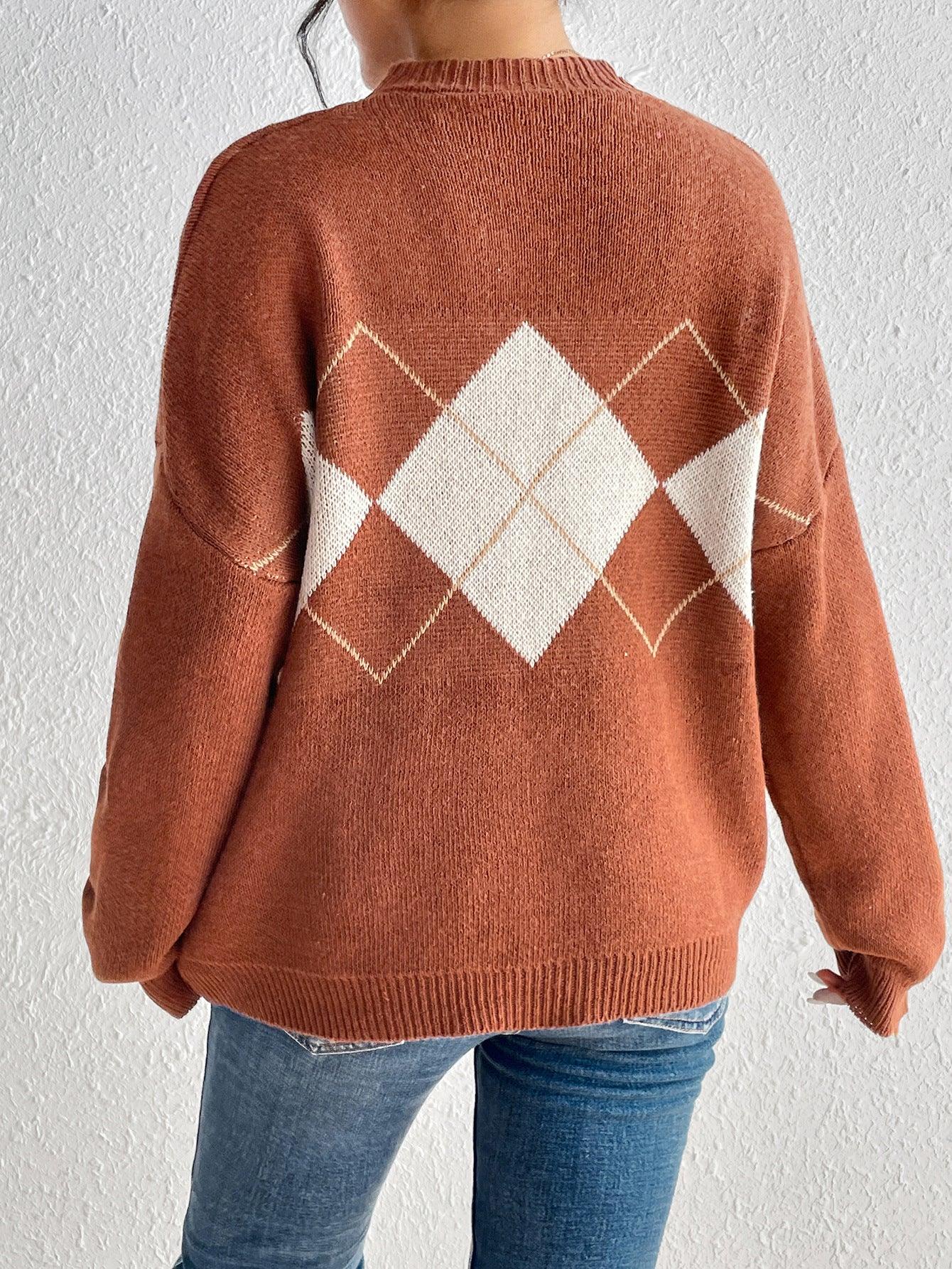 Autumn And Winter Simplicity Color Contrast Patchwork Diamond Lattice Pullover Knitted Sweater - Nioor