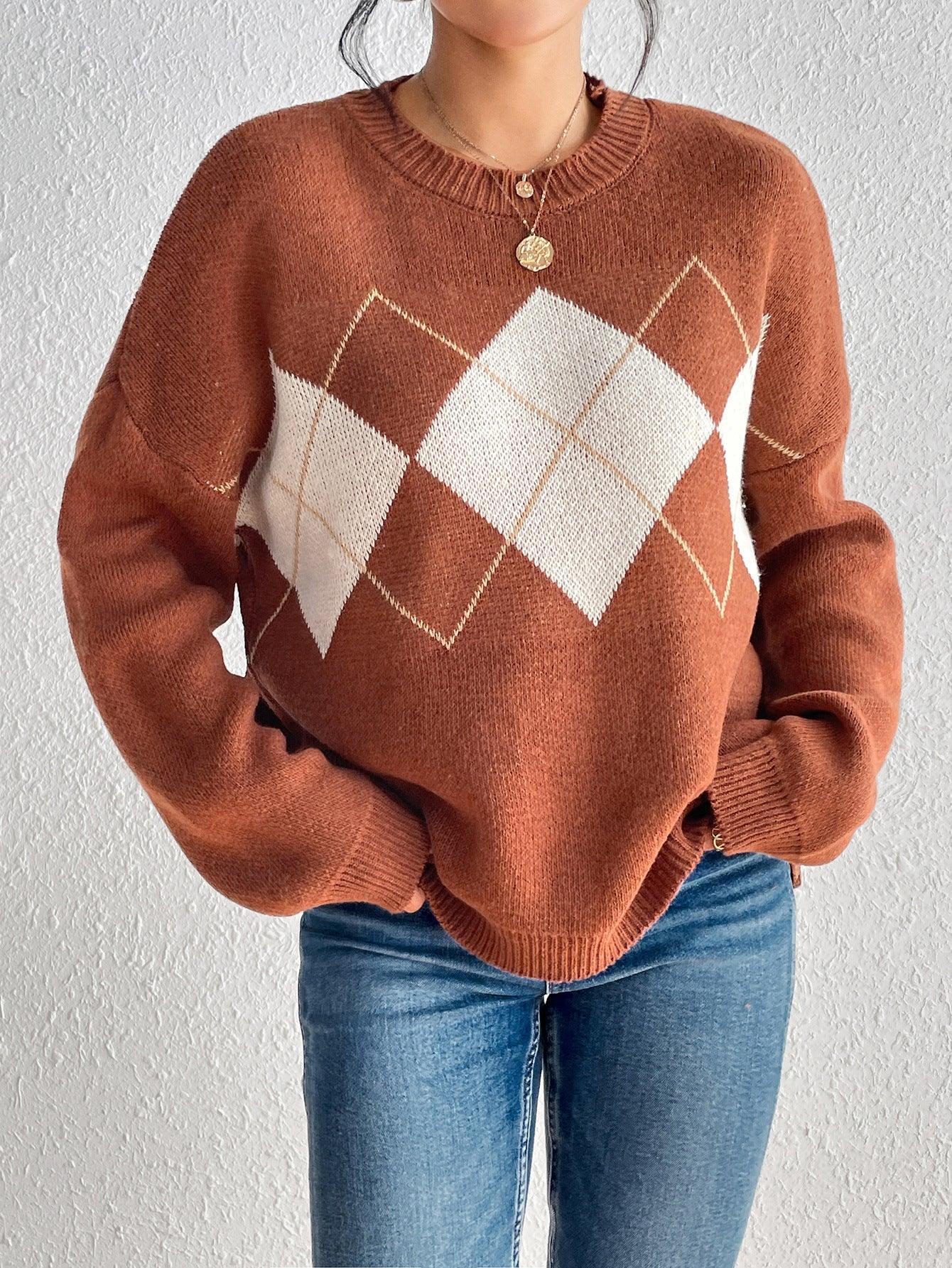 Autumn And Winter Simplicity Color Contrast Patchwork Diamond Lattice Pullover Knitted Sweater - Nioor