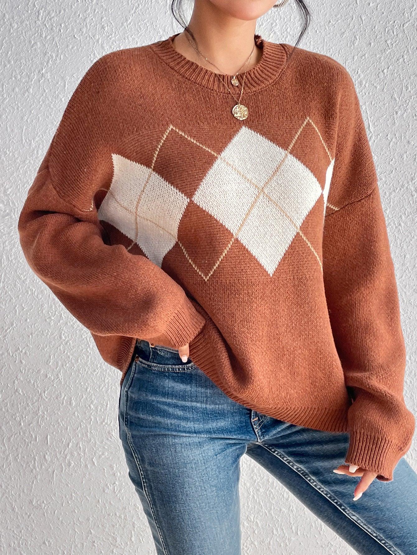 Autumn And Winter Simplicity Color Contrast Patchwork Diamond Lattice Pullover Knitted Sweater - Nioor