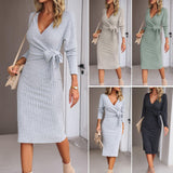 Autumn And Winter V-neck Long Sleeve Knitted Tied Dress - Nioor