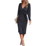 Autumn And Winter V-neck Long Sleeve Knitted Tied Dress - Nioor