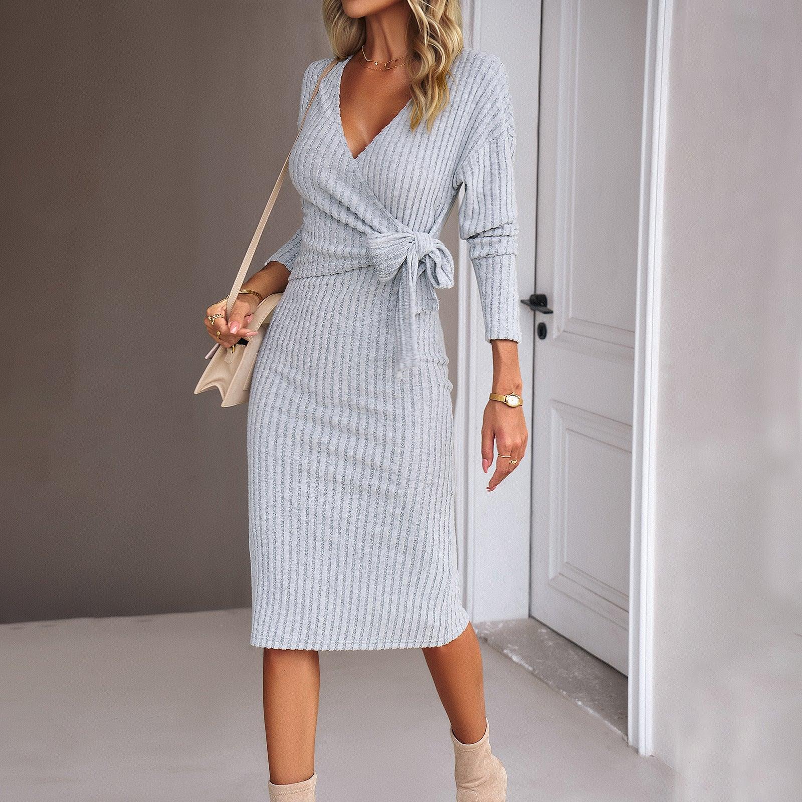 Autumn And Winter V-neck Long Sleeve Knitted Tied Dress - Nioor