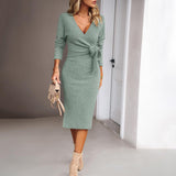 Autumn And Winter V-neck Long Sleeve Knitted Tied Dress - Nioor