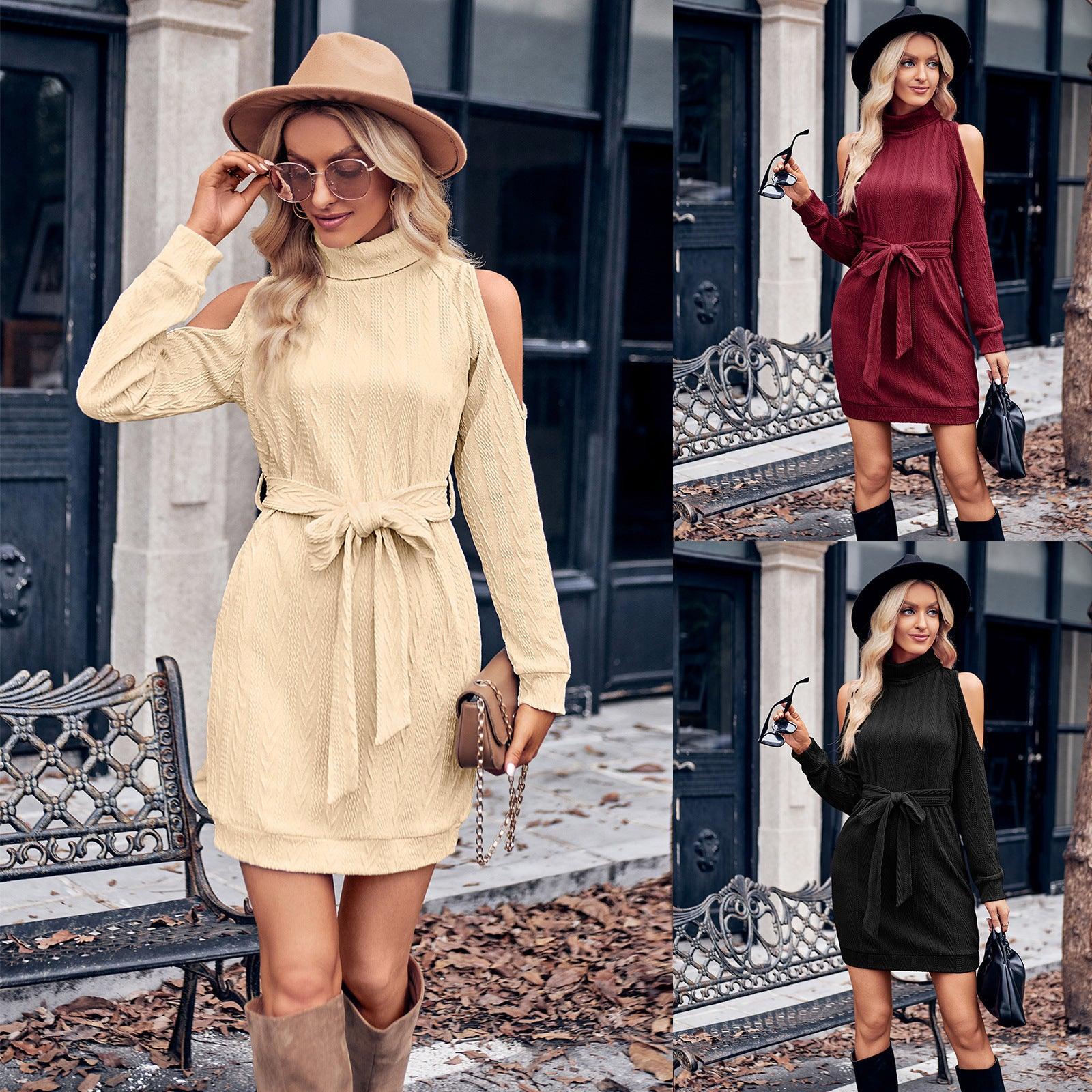 Autumn And Winter Women's Casual Solid Color Round Neck Shoulder Hollow Waist Dress - Nioor