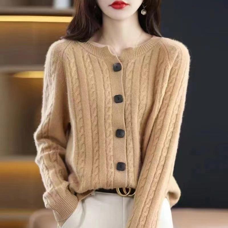 Autumn Short All-match Twist Cardigan Round Neck Loose Sweater Coat Knitted Long Sleeves Outer Match Thick - Nioor