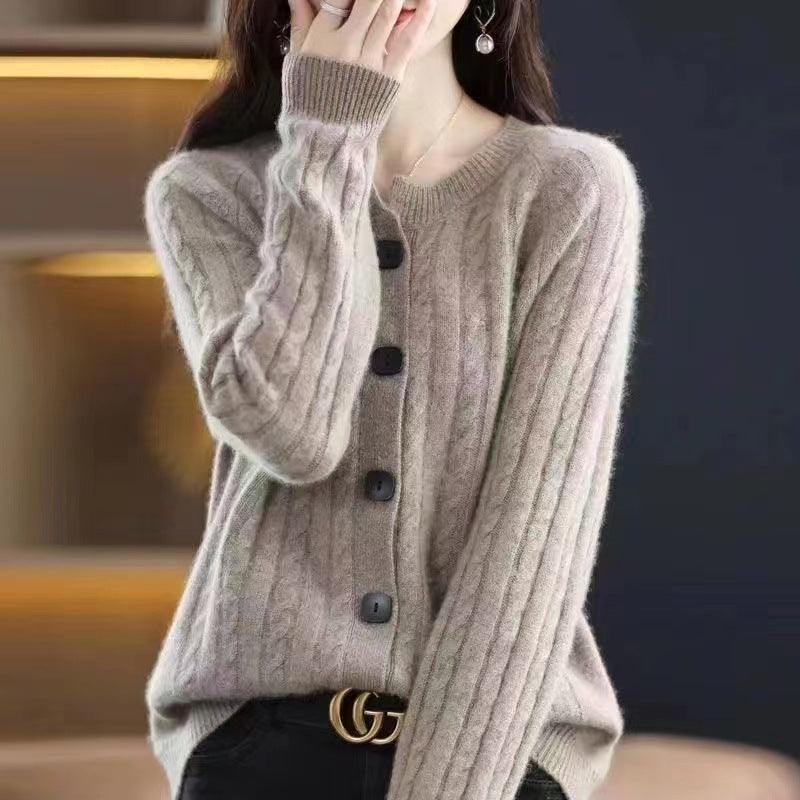 Autumn Short All-match Twist Cardigan Round Neck Loose Sweater Coat Knitted Long Sleeves Outer Match Thick - Nioor