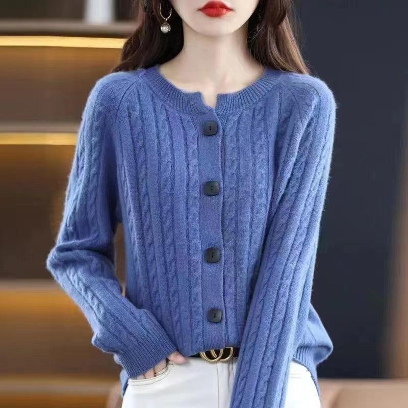 Autumn Short All-match Twist Cardigan Round Neck Loose Sweater Coat Knitted Long Sleeves Outer Match Thick - Nioor