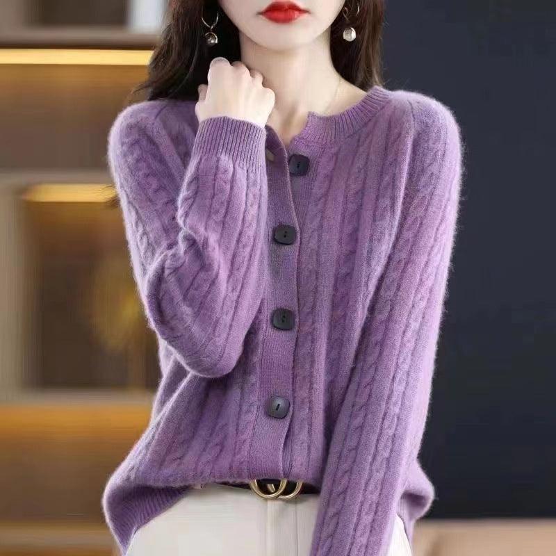 Autumn Short All-match Twist Cardigan Round Neck Loose Sweater Coat Knitted Long Sleeves Outer Match Thick - Nioor