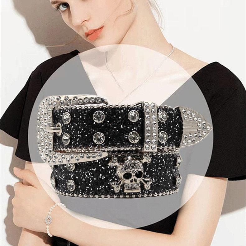 Rhinestone Skull Wide Belt Men - Nioor