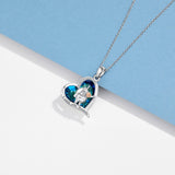 925 Sterling Silver Highland Cow Blue Crystal Heart Cow Pendant Necklace - Nioor