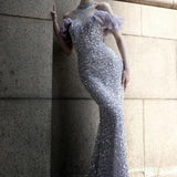 Purple Host Starry Sky Annual Meeting Beaded Toast Dress Halter Model Catwalk Fishtail - Nioor