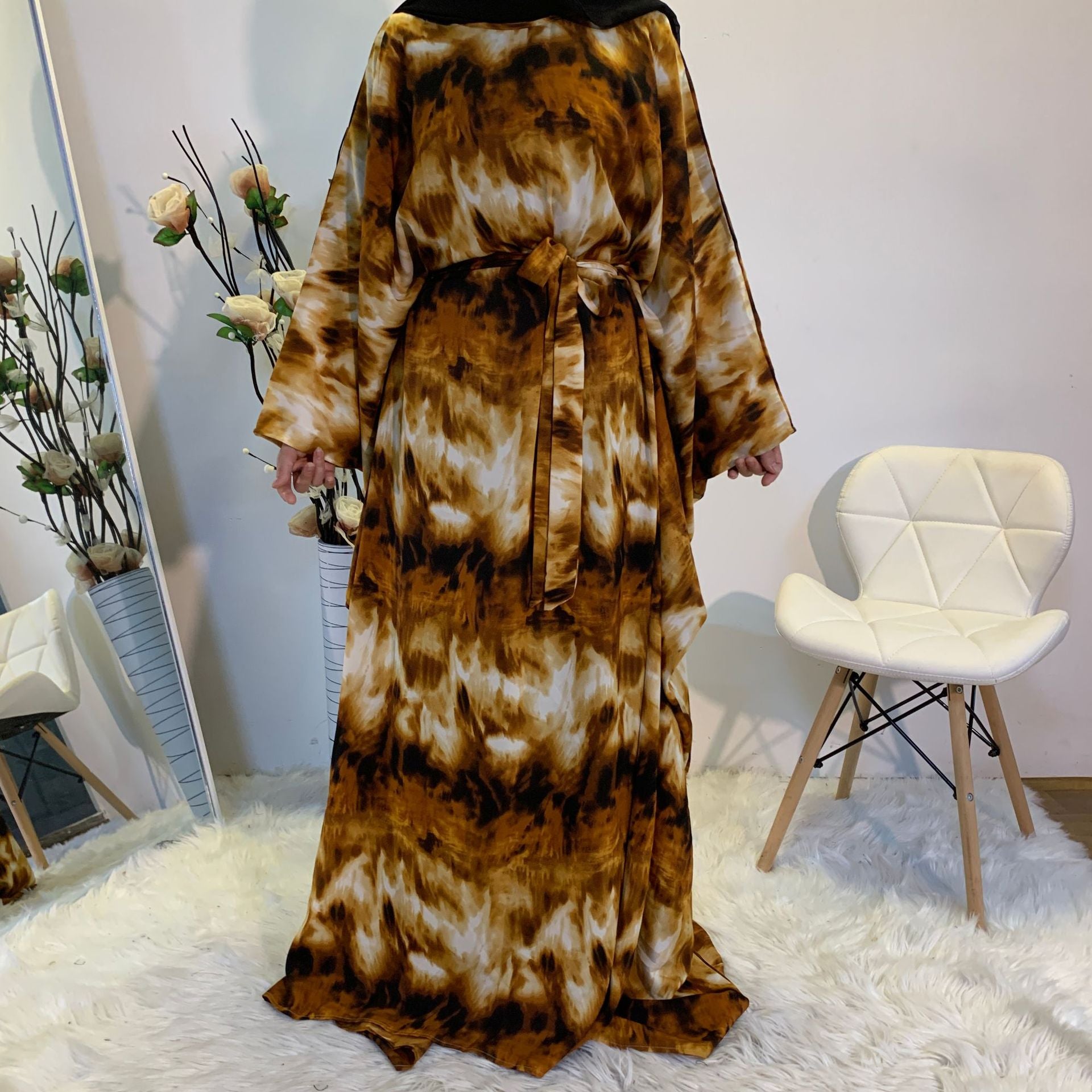 Fashion Print Elegant Loose Muslim Robe Batwing Sleeve Plus Size Women's Dress