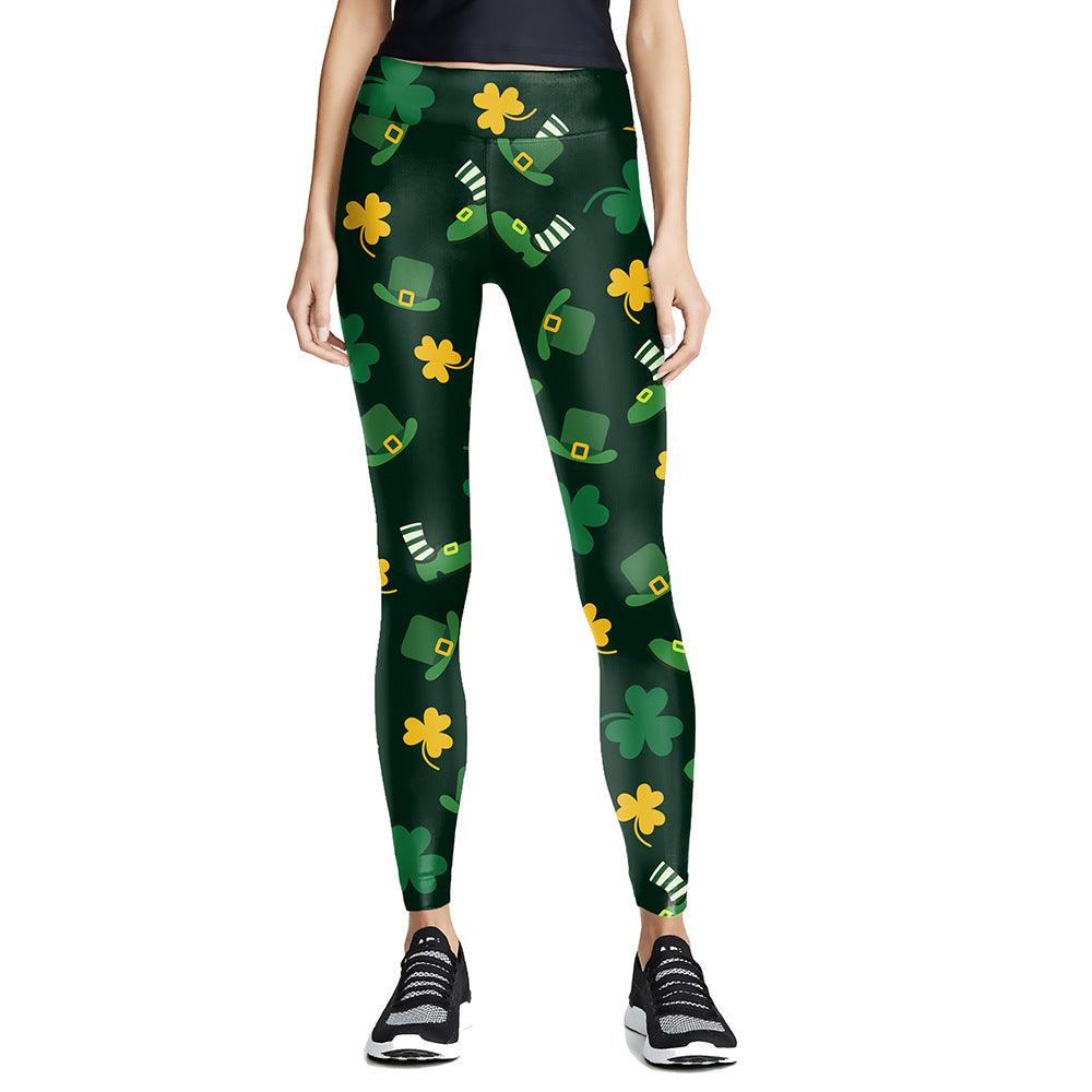 Digital Printed Green Leaf Elastic Slim Fit Running Pants Yoga Pants - Nioor