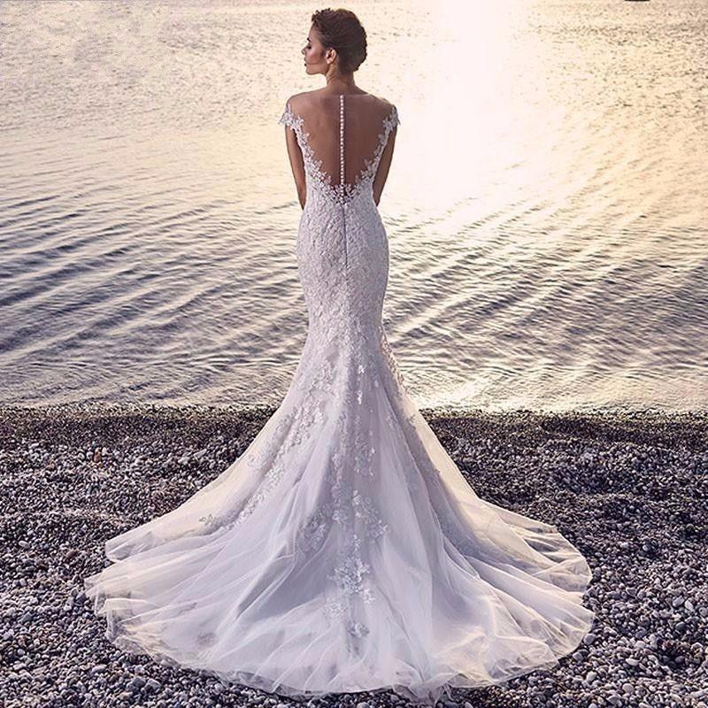 Princess Bride Mermaid Wedding Dress White Trailing Perspective Backless Lace Wedding Dress - Nioor