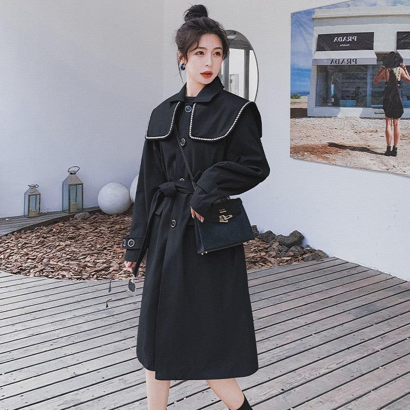 Black Navy Collar Trench Women's Mid-length Spring This Year's Popular High-end Chic Coat - Nioor