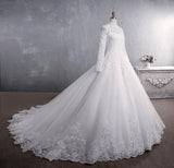 Lace Wedding Dress Bridal Stand-up Collar Long-sleeved Large Tail Large Size - Nioor