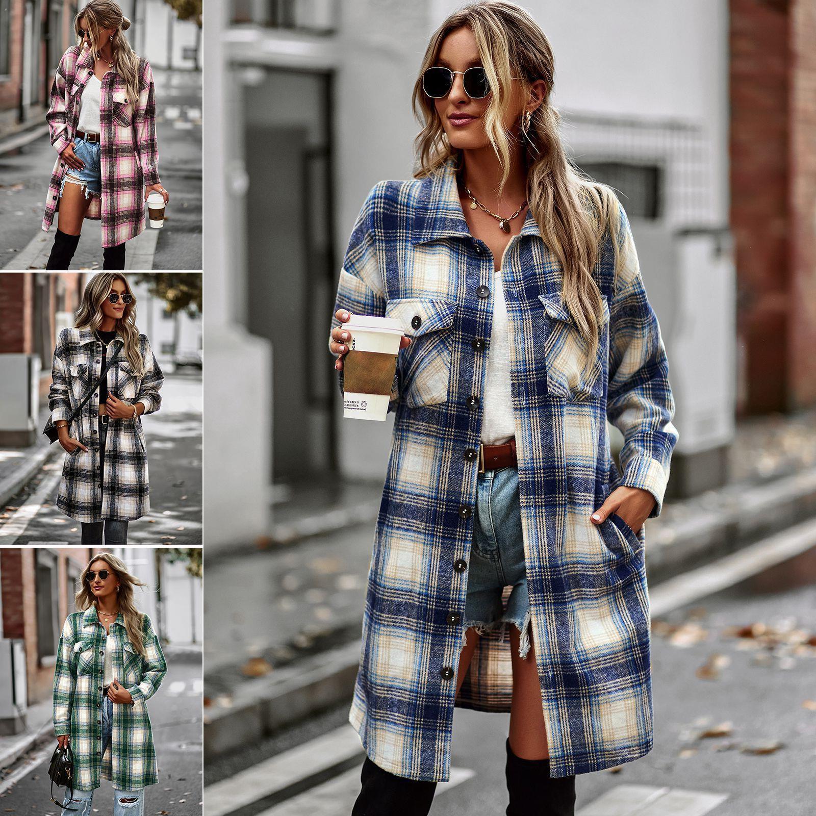 Temperament Leisure Long Plaid Tup Cardigan Coat - Nioor