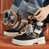 Men's Print Boots Autumn And Winter High-top British Style Comfy Breathable Casual Flat Shoes Outdoor Walking Running Boots - Nioor