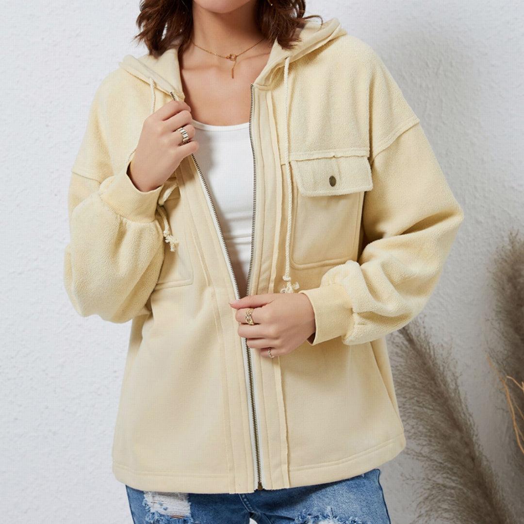 Women's Brushed Plush Hooded Pocket Jacket Coat - Nioor