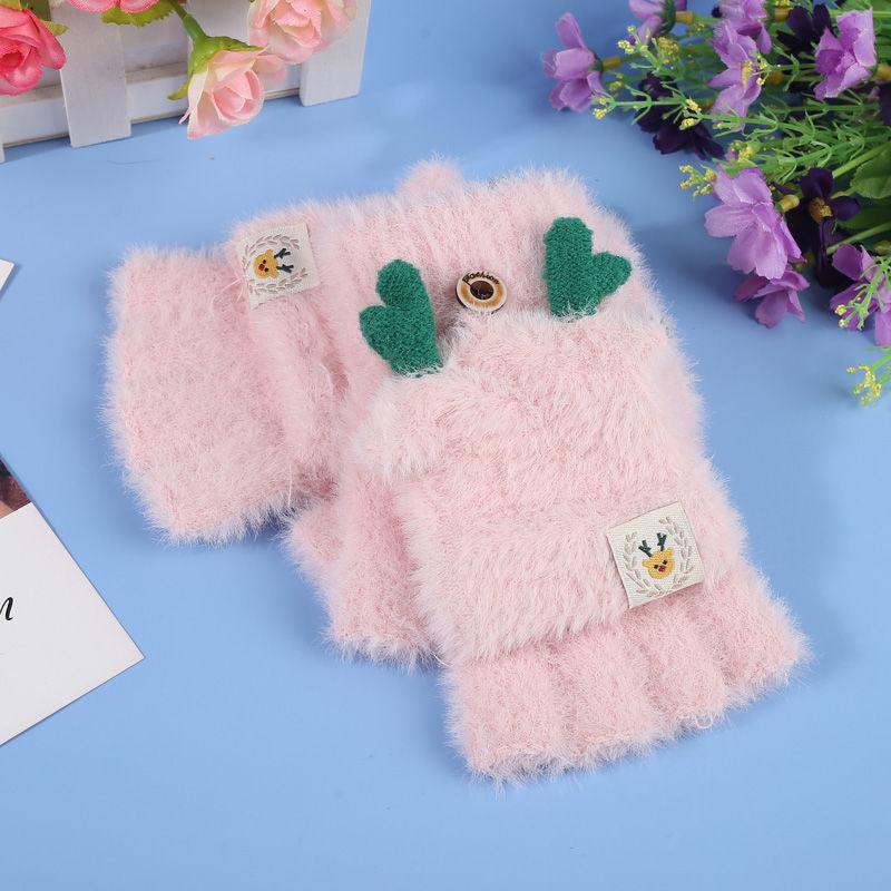 Plush Gloves Female Flip Half Finger Toe Cute Cartoon - Nioor