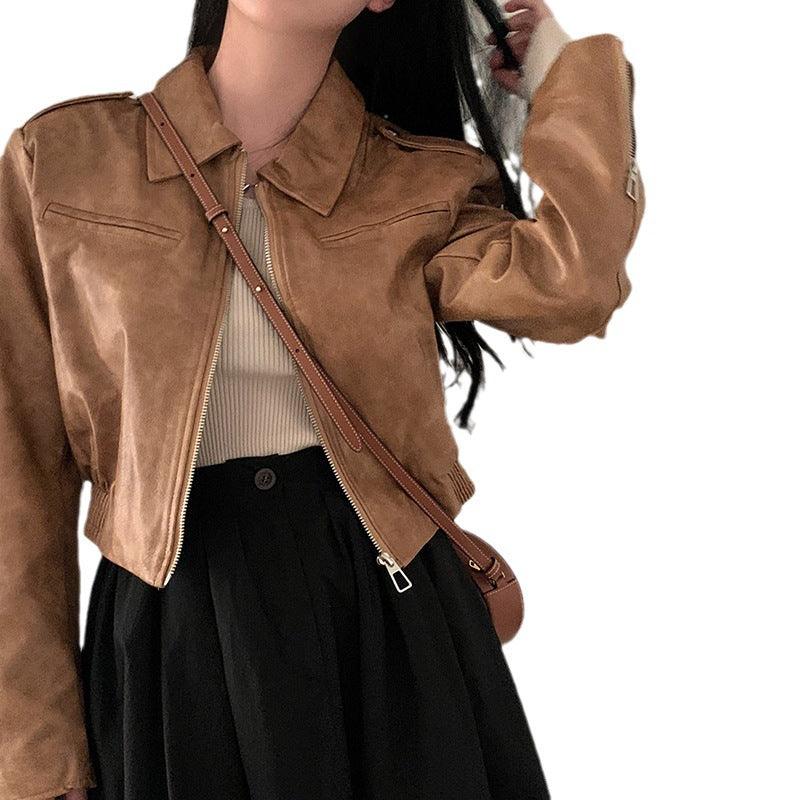 Women's Retro Hong Kong Style Lapel Long-sleeved Leather Jacket - Nioor