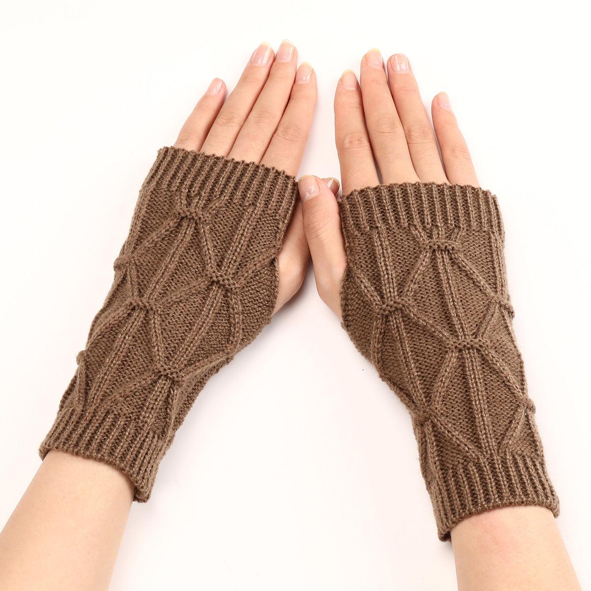 Rhombus Fashion Oversleeve Knitted Wool Keep Warm Half Finger Gloves - Nioor