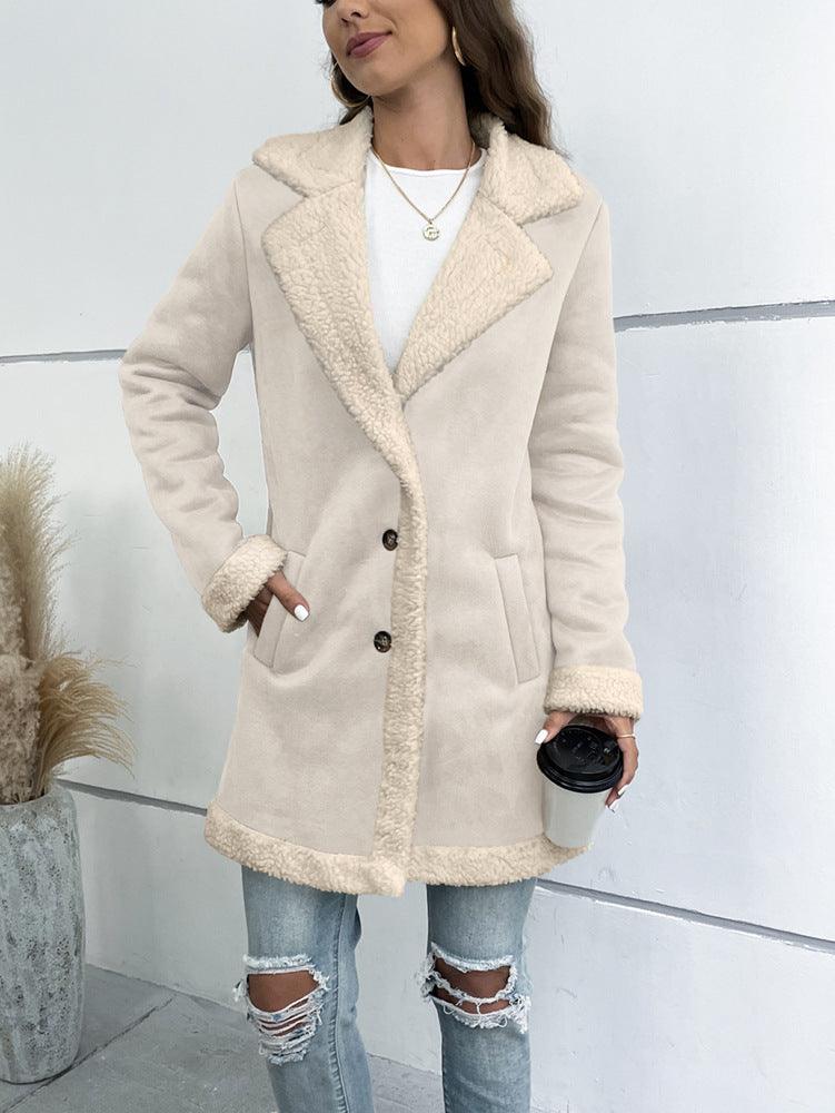 Long Sleeve Lapel Suede Elegant Woolen Coat - Nioor