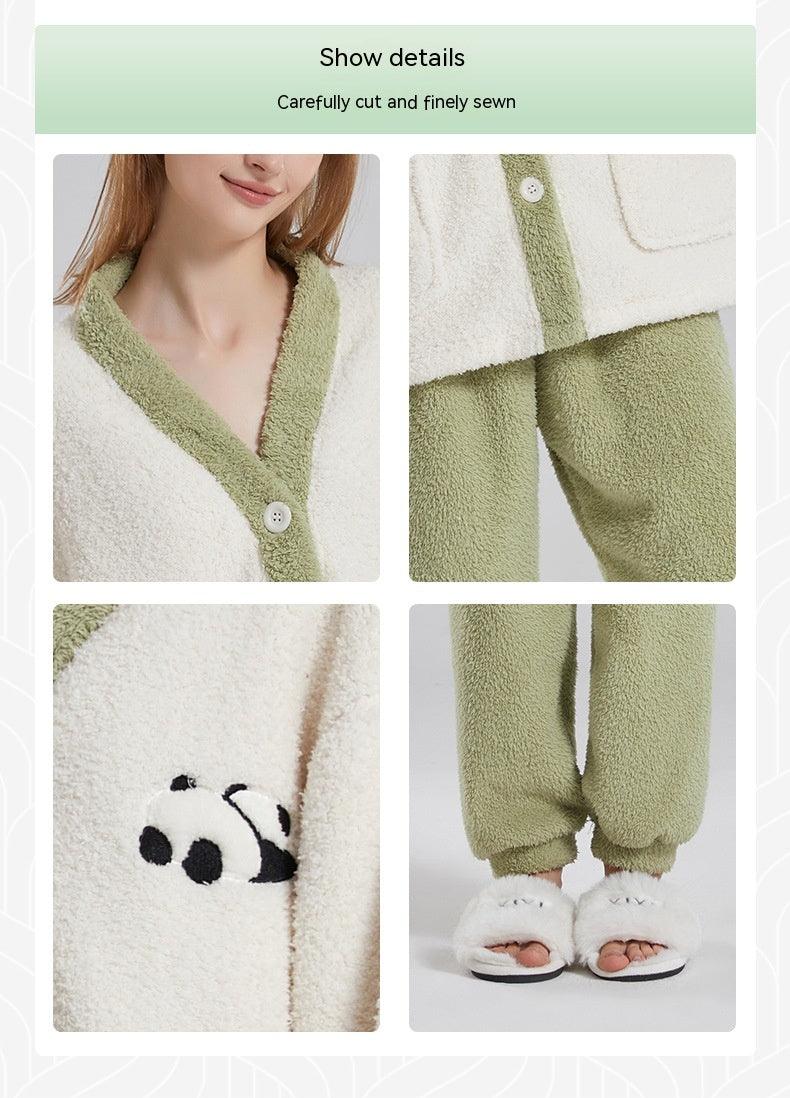 Couple Pajamas Women Winter Coral Fleece Thickened Casual Clothes Half Velvet Cartoon Panda Couple Pajamas Suit - Nioor