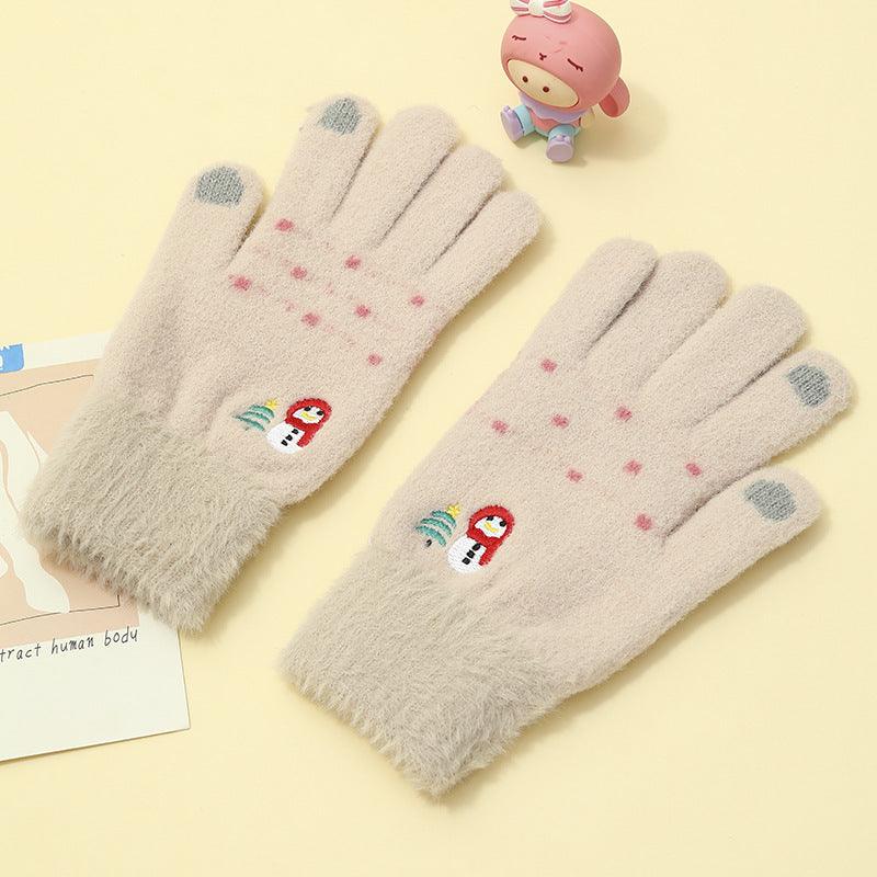 Padded And Thickened Warm Snowman Embroidered Touch Screen Gloves - Nioor